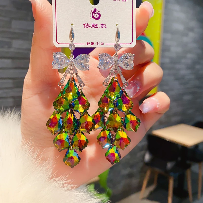 2024 New Colorful Purple Crystal Dangle Drop Earrings for Women Bohomia Trend Korea Fashion Luxury Wedding Party Banquet Jewelry