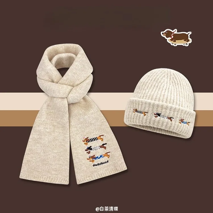 novo-2025-gorro-e-cachecol-de-la-bordado-com-cao-salsicha-fofo-feminino-quente-e-versatil-para-outono-inverno-para-estudantes-e-casais-aquecedor-de-pescoco-moderno