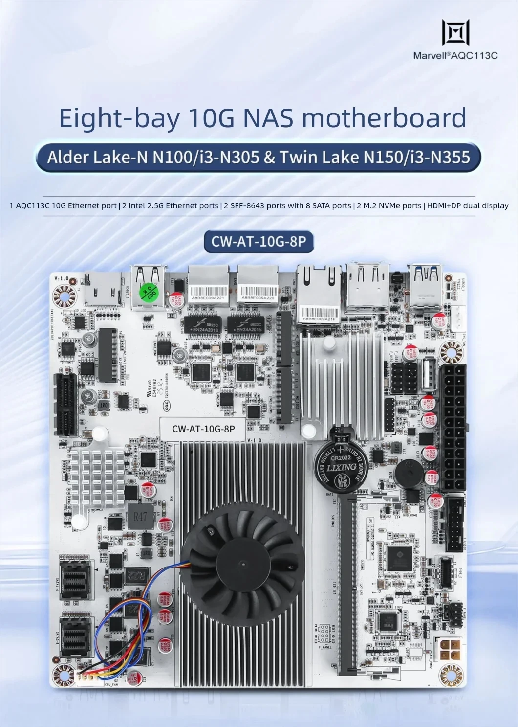 Placa-mãe NAS de 8 baias 10G Intel N150 N100 i3-N305 1*10G 2*2.5G LANs 2 * NVMe 2 * SFF-8643 a 8 * SATA Firewall Mainboard PCIex1 Type-C