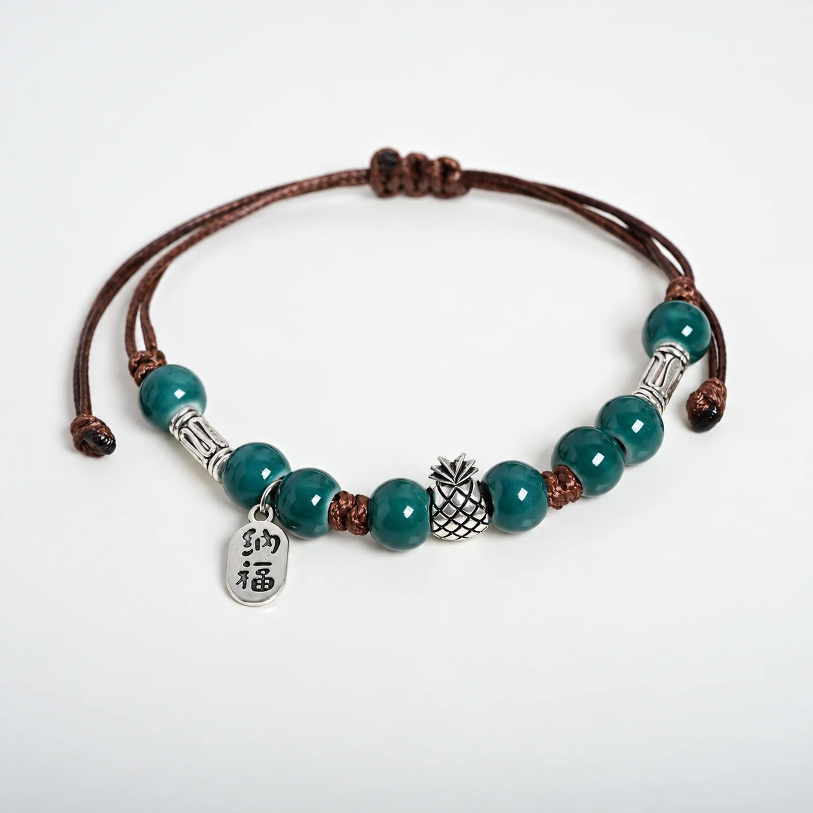 Handmade Ceramic Lime Green Pineapple Bracelet with Adjustable Handwoven Waxed Cord and Metal Accent Charm Jewelry 609P5-15