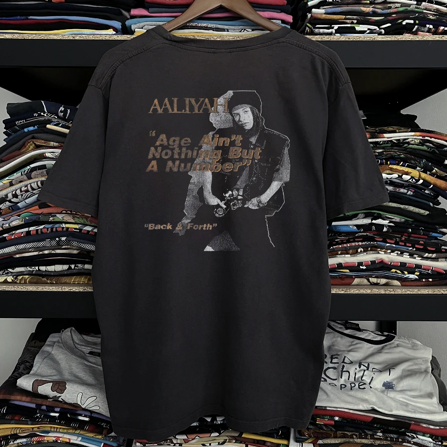 Rare Aaliyah Back and Forth Washed Black Tee Y2K Style Underground Print Loose Fit Retro Summer