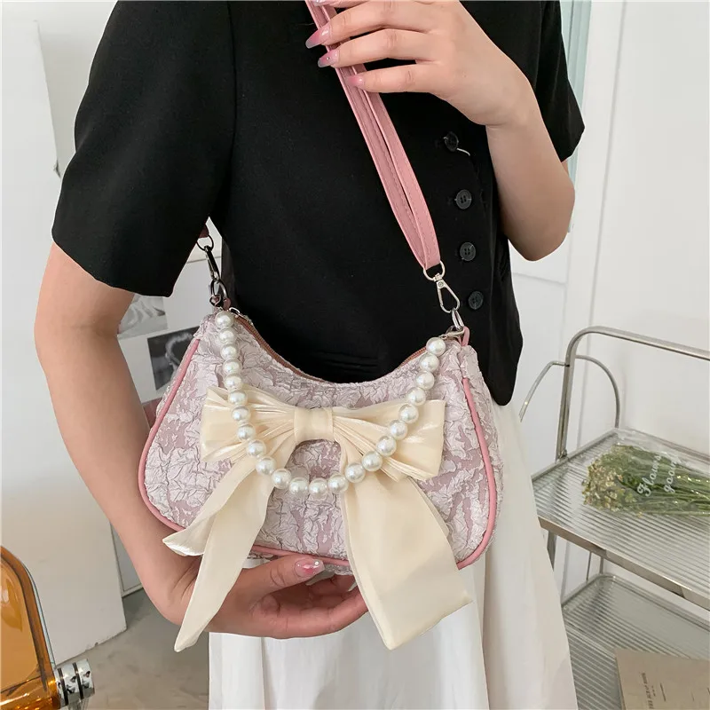 Summer New Women\'s Pearl Handbag Fashionable Trendy Bowknot Pleated Female Crossbody Bags Cute Versatile Single Shoulder Bag