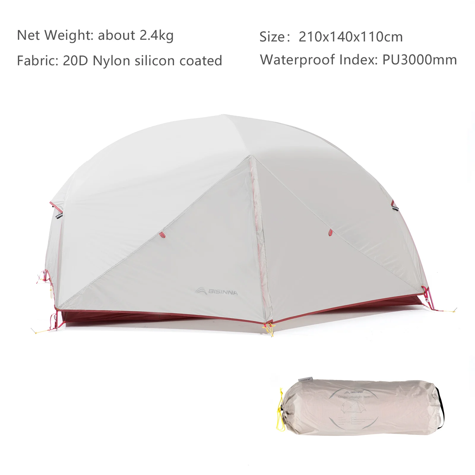BISINNA 2 Persoons Ultralight Campingtent 20D 380T Nylon Dubbellaags Waterdichte Backpacktent voor Wandelen Reizen met gratis mat