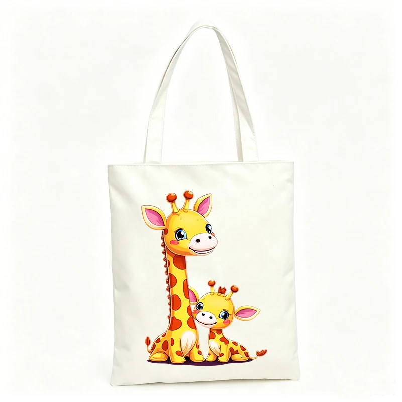 Women's canvas tote bag with cute giraffe family graphic, ideal for casual outings and daily use
