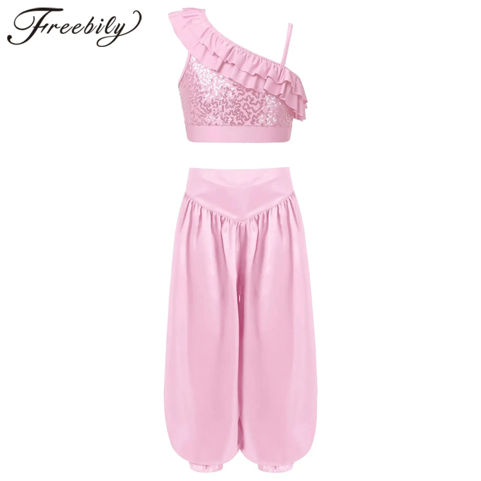 Kids Girls Belly Dance Outfit Sets Stage Clothes Sequins Ruffle Crop Top with Wide-Leg Satin Bloomers Pants Bellydance Costumes