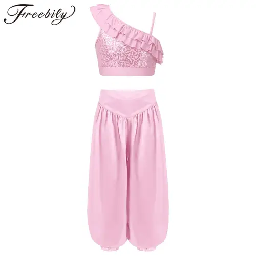 Imagen 1 del producto Conjuntos de trajes de danza del vientre para niñas, ropa de escenario, Top corto con volantes de lentejuelas y pantalones bombachos de satén de pierna ancha, trajes de danza del vientre