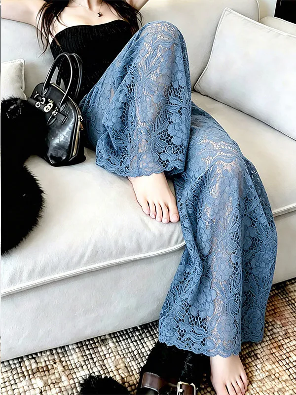Blue Hollow out Wide Leg Jeans Women's Summer 2026 Loose Casual Loose Long Pants High Waist Lace Detail Denim Plant Floral
