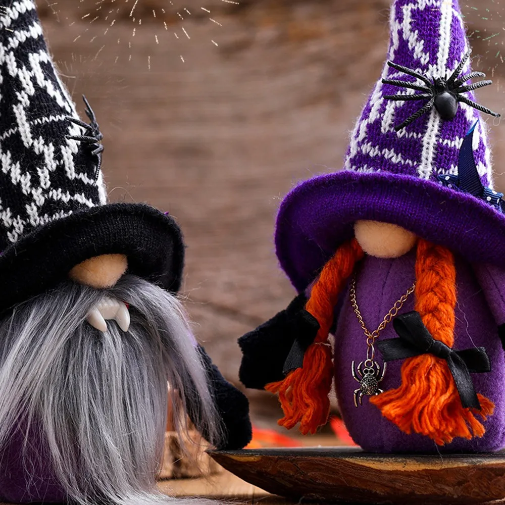 Broomstick de 2 piezas para Halloween, sombrero de copa, bruja, enano, gnomo, muñeca, adornos, lindo, enano de dibujos animados, decoración del hogar
