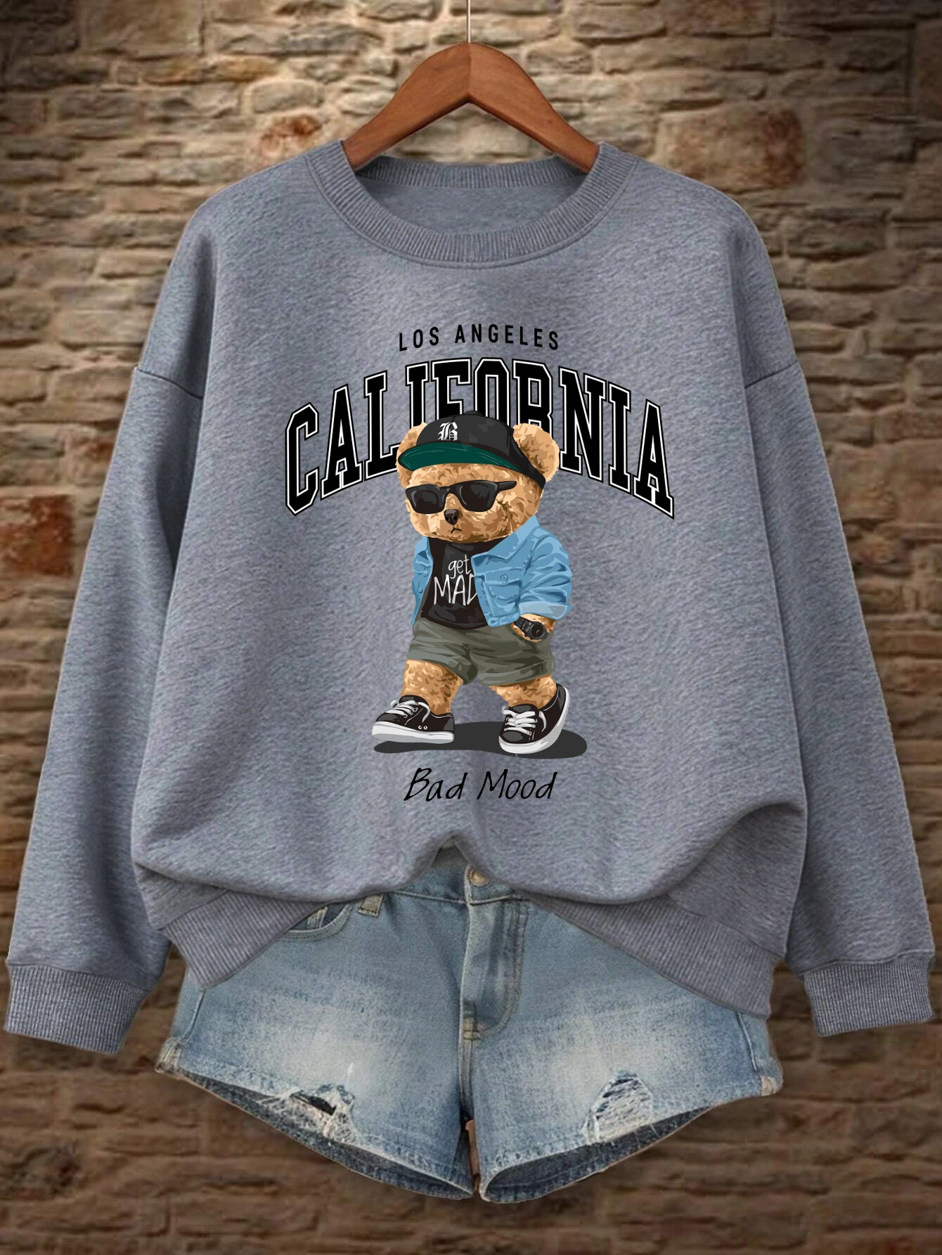 Humor mau desenhos animados urso impressão moletom feminino velo jogging streetwear solto roupas de outono confortável o-pescoço pullovers