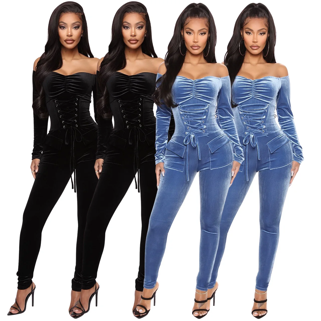 

2023 Autumn/Winter Velvet Off Shoulder Chicken Eyes Strap Slim Fit jumpsuit Long Sleeve Turtleneck Jumpsuit Women Y2K Wholesale