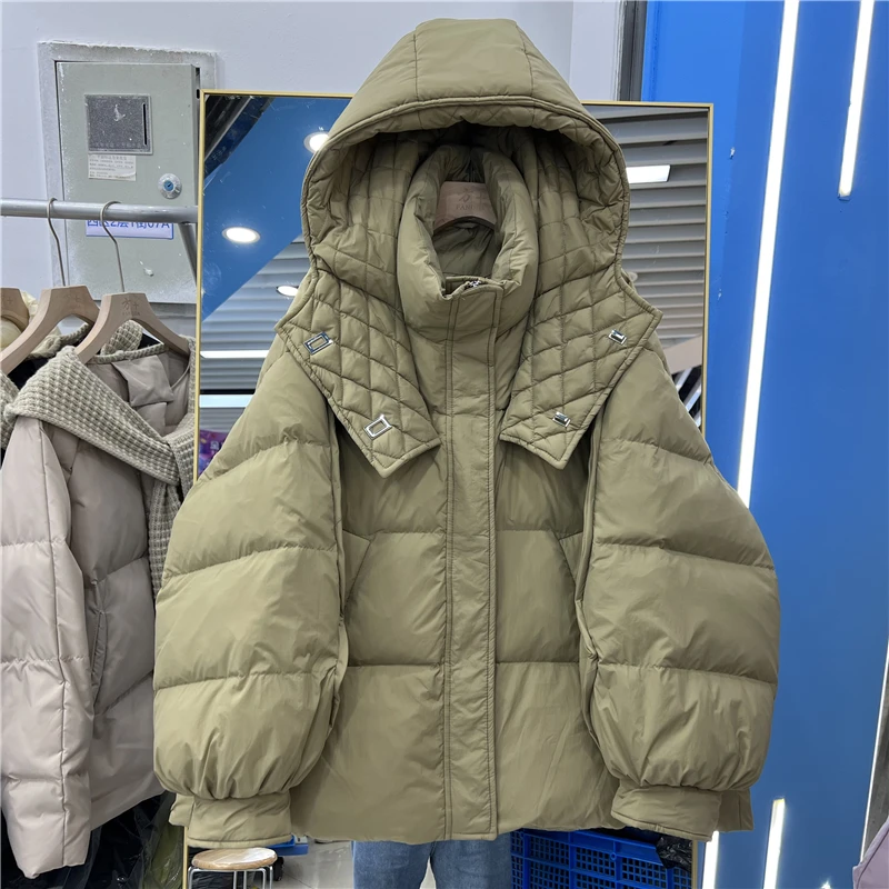 

2023 Real Shot Thicken Down Jacket Women Winter Short White Duck Down Coat Hooded Parka Loose Warm Feather Coat