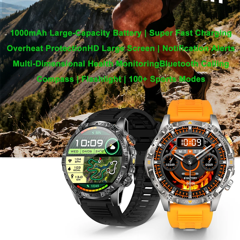 New Outdoor Military Men's Smart Watch IP68 Waterproof Sports 1000 Battery Compass Health Monitoring Bluetooth Call Smartwatches