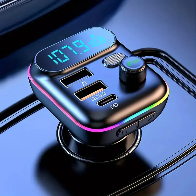 Car Bluetooth MP3 Player QC3.0 Fast Charging Wireless FM Radio Transmitter Music Playback Colorful Atmosphere Light Display