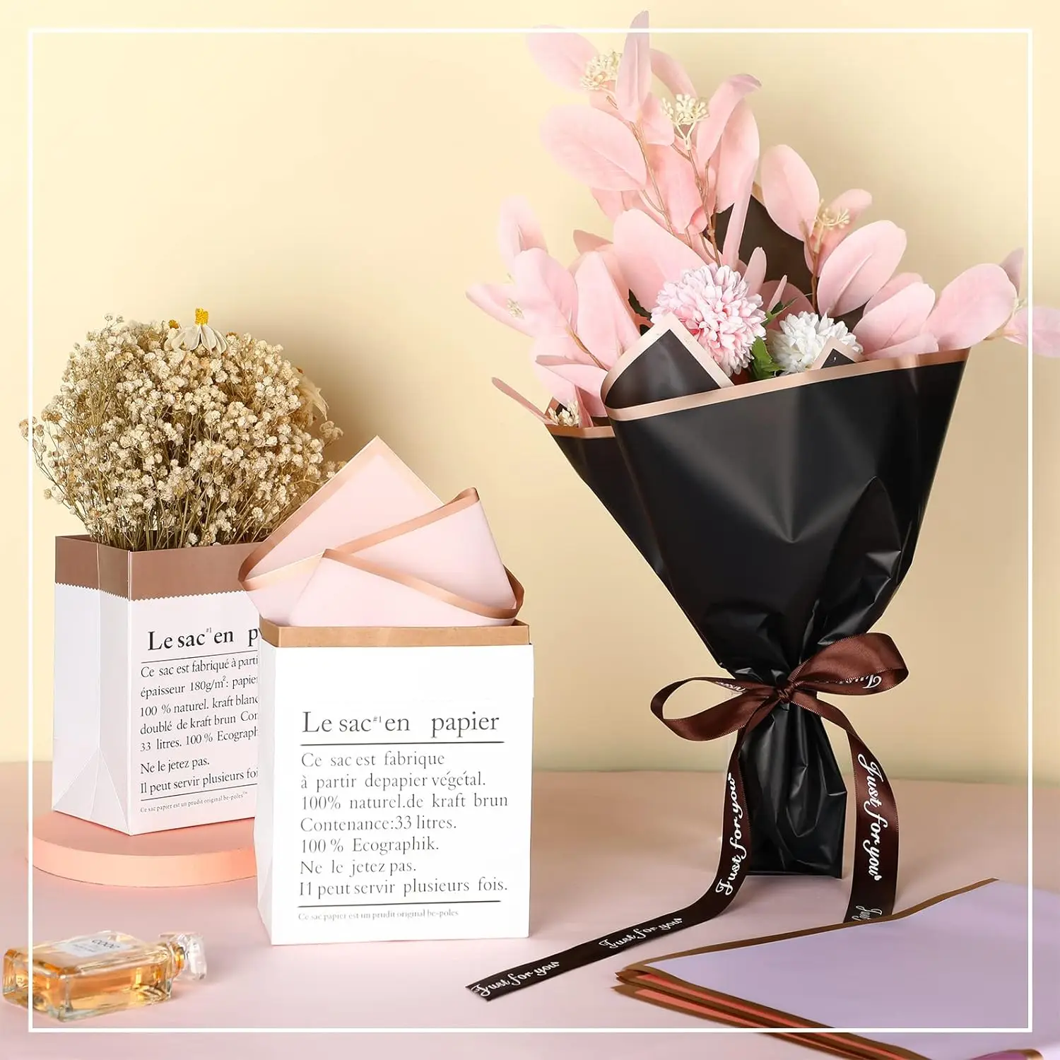 Papel de envolver de flores con borde dorado, suministros de ramo de flores coloridas, papel de envoltura de regalo de floristería impermeable, 20