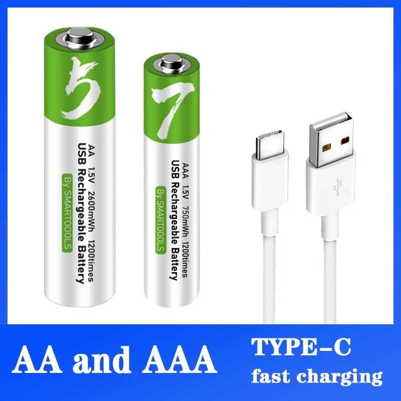 New original 1.5V 750MWH 2600MWH AAA and AA USB rechargeable Li-ion battery TYPE-C port charging High Capacity battery