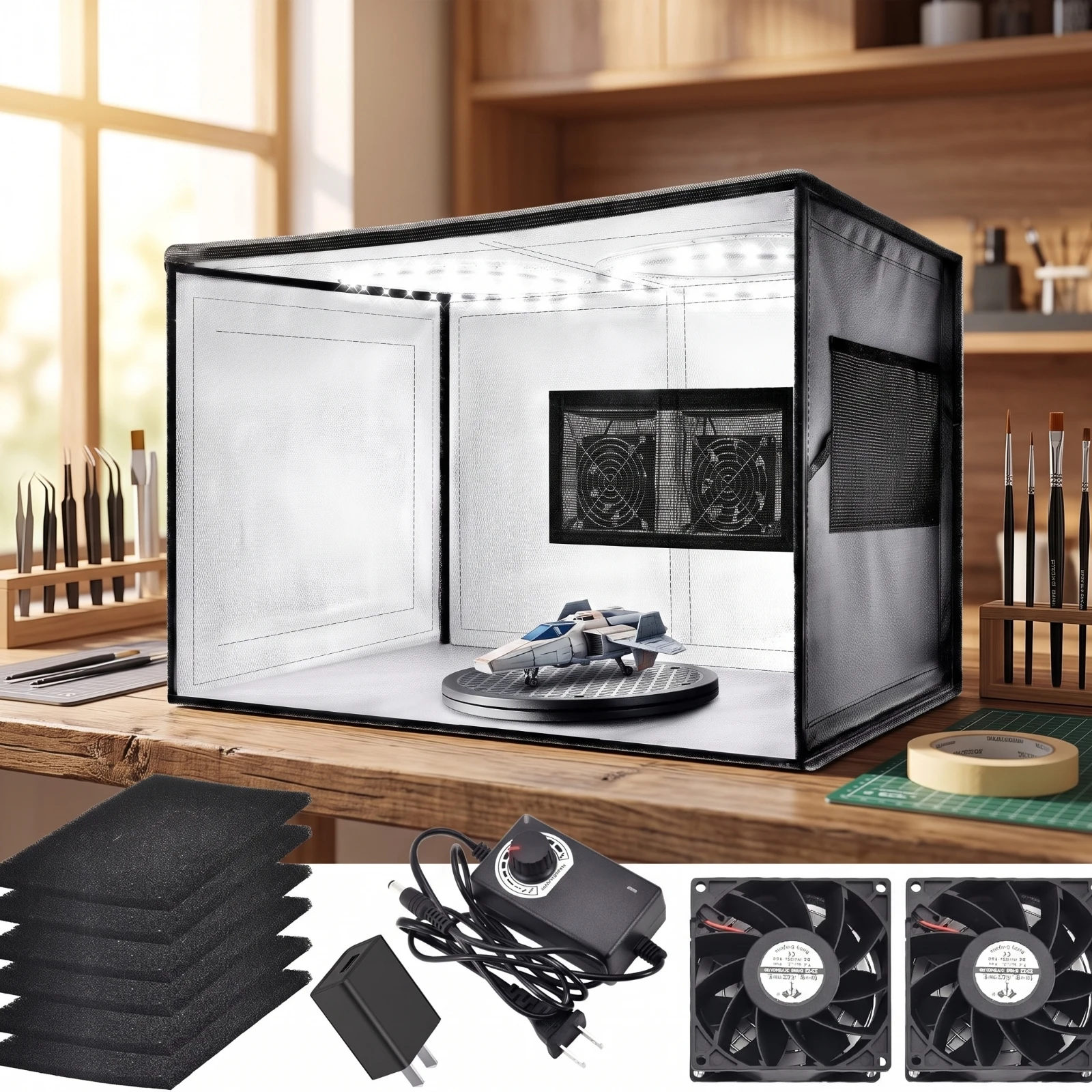 Airbrush Spray Booth with Turntable Tabletop Foldable Airbrush Spray Booth Space-Saving Easy to Clean for Hobbyists, Craft Room