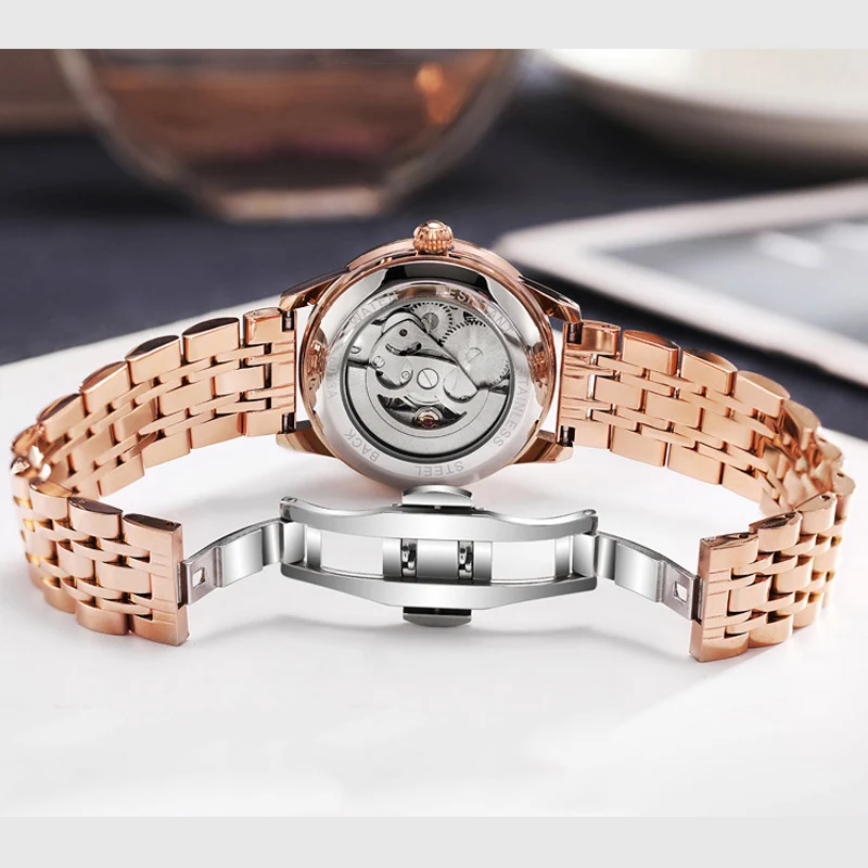 Fashion Style Automatic Mechanical Watches Women Butterfly Spinning Moon Phase Luminous Rose Gold Waterproof Ladies Watch