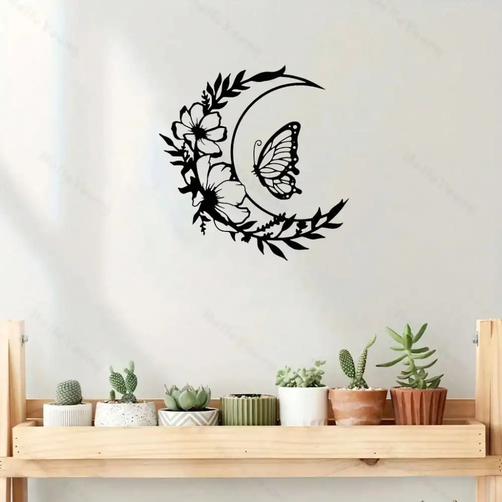 CIFBUY 2Pc Moon Butterfly Iron Wall Decor Metal Art Hanging Ornament Durable Rust Proof Indoor Living Room Bedroom Home Gift