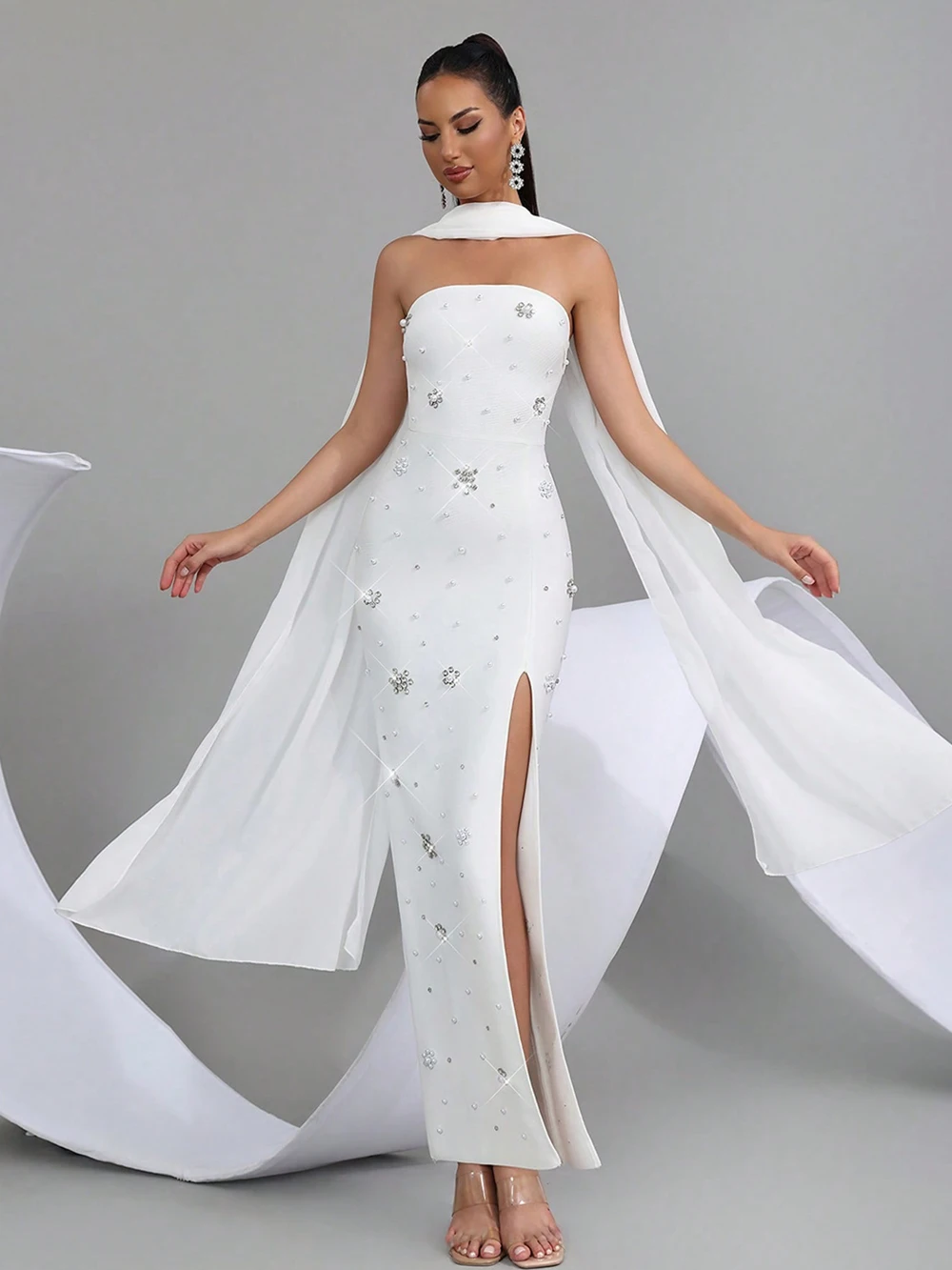 Modphy Elegant Ribbon Strapless Bandage Long Dress Women Solid Off Shoulder Backless Slim Maxi Dresses Party Robes Lady