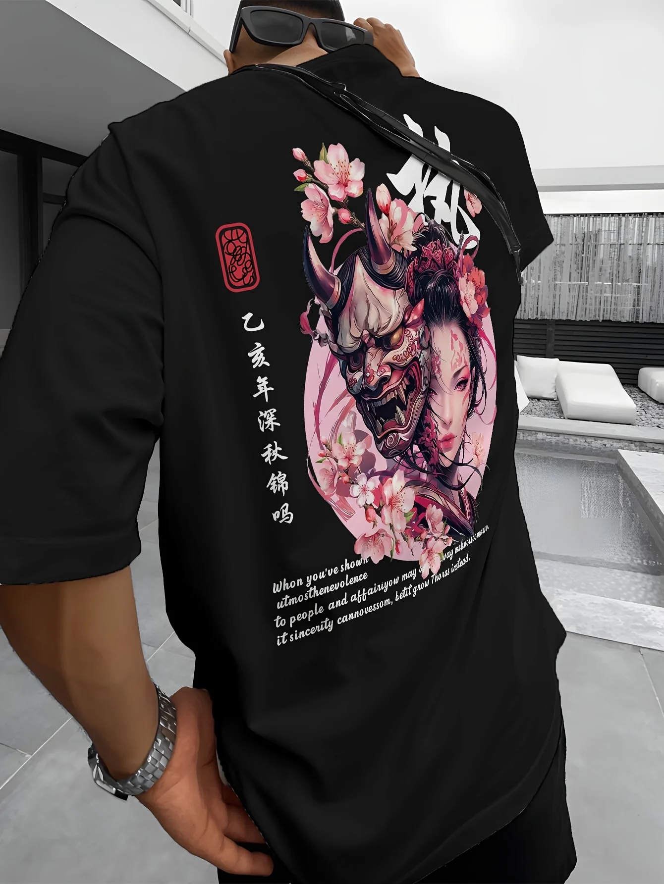 Summer New-style Japanese-style Cherry Blossom Ghost Face  Human Pattern Men T-shirt 100% Cotton Material Trendy and Versatile