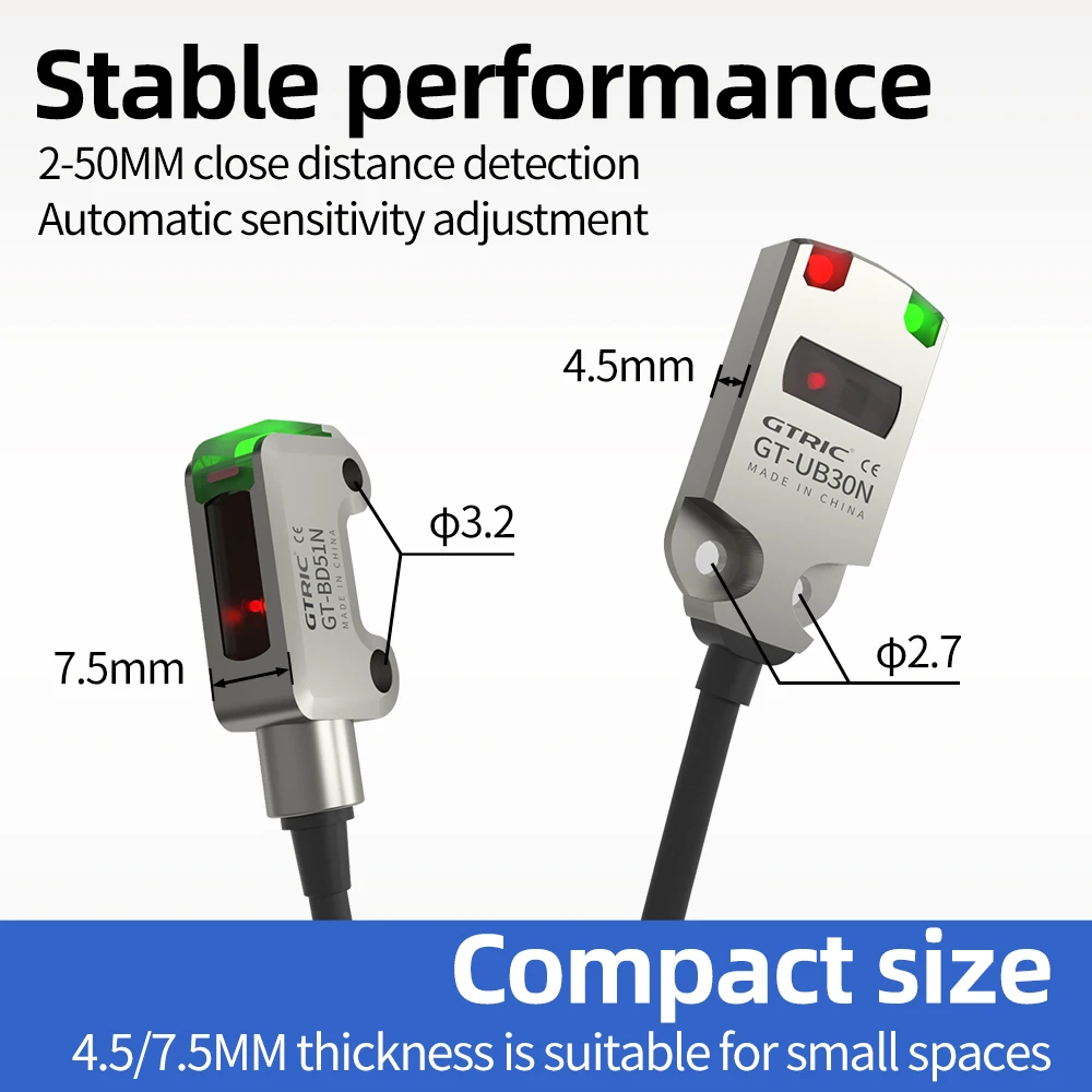 GTRIC Foto-elektrische sensorschakelaar Mini Ultradun Diffuus Reflecterend IP67 Roestvrij staal Corrosiebestendig 12-24V DC NPN PNP