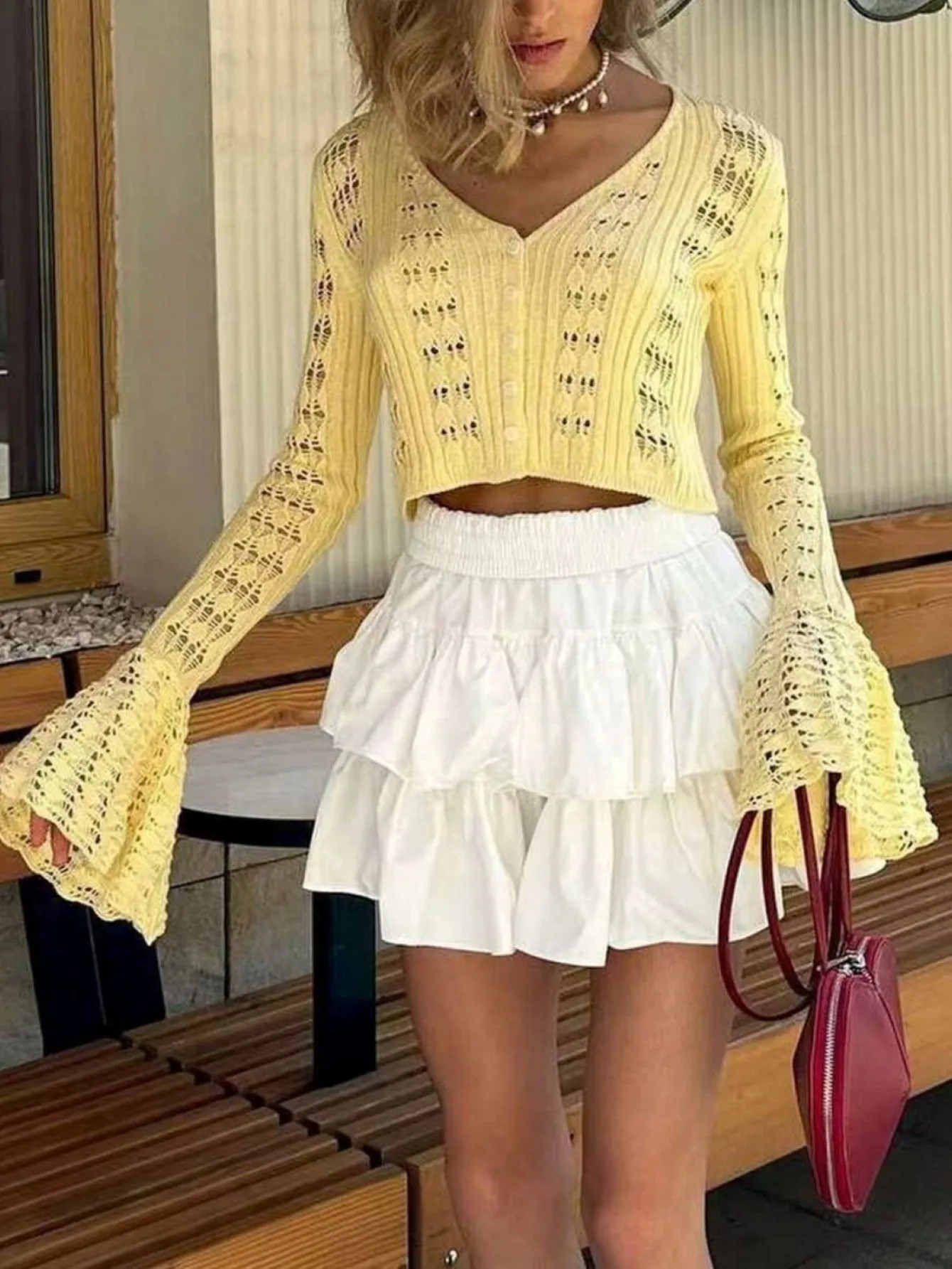 

2025 Spring Knitted Cardigan Female Solid V-Neck Hollow Out Short Knitted Top Fashion Casual Loose Commuter Female T-Shirt