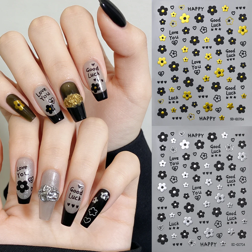 5D Mirror Metallic Silver Black Blossoming Flowers Nail Stickers Simple Elegant Five-petaled Flower Adhesive Decal Nail Supplies