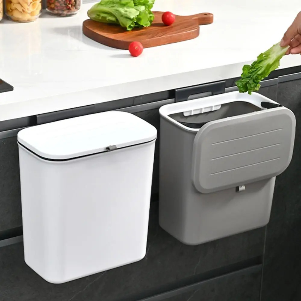 1 Stück Neuer 10L Hängender Mülleimer mit Großer Kapazität, Küchen-Recycling-Abfalleimer mit Deckel, Selbstklebender Abfallbehälter für Küche und Bad