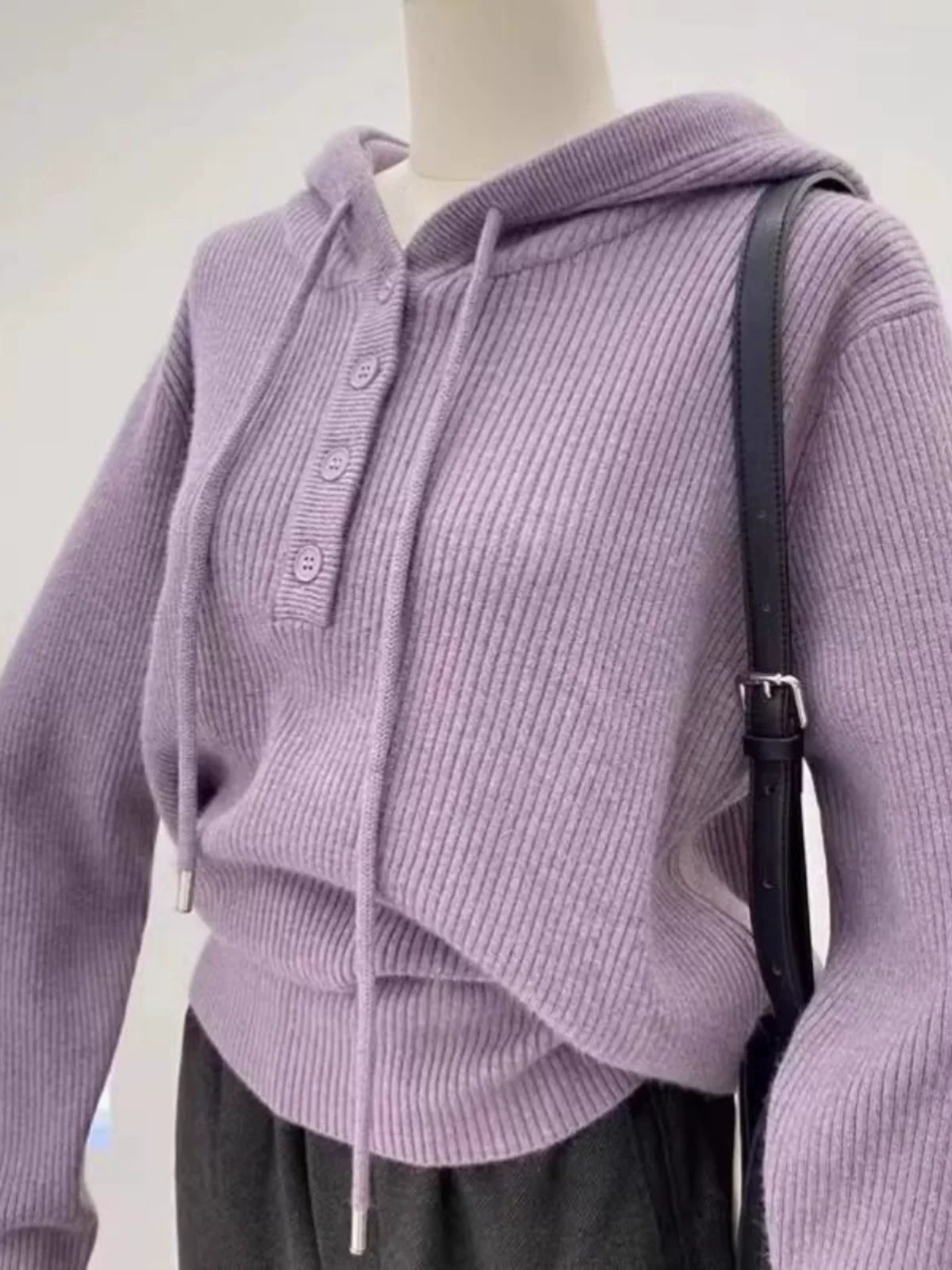 فضفاض محبوك قاعدة irt المرأة الخريف Sle بسيط f زرر مقنعين سترة الرباط تخفيف فضفاضة تناسب طويلة Sve #5