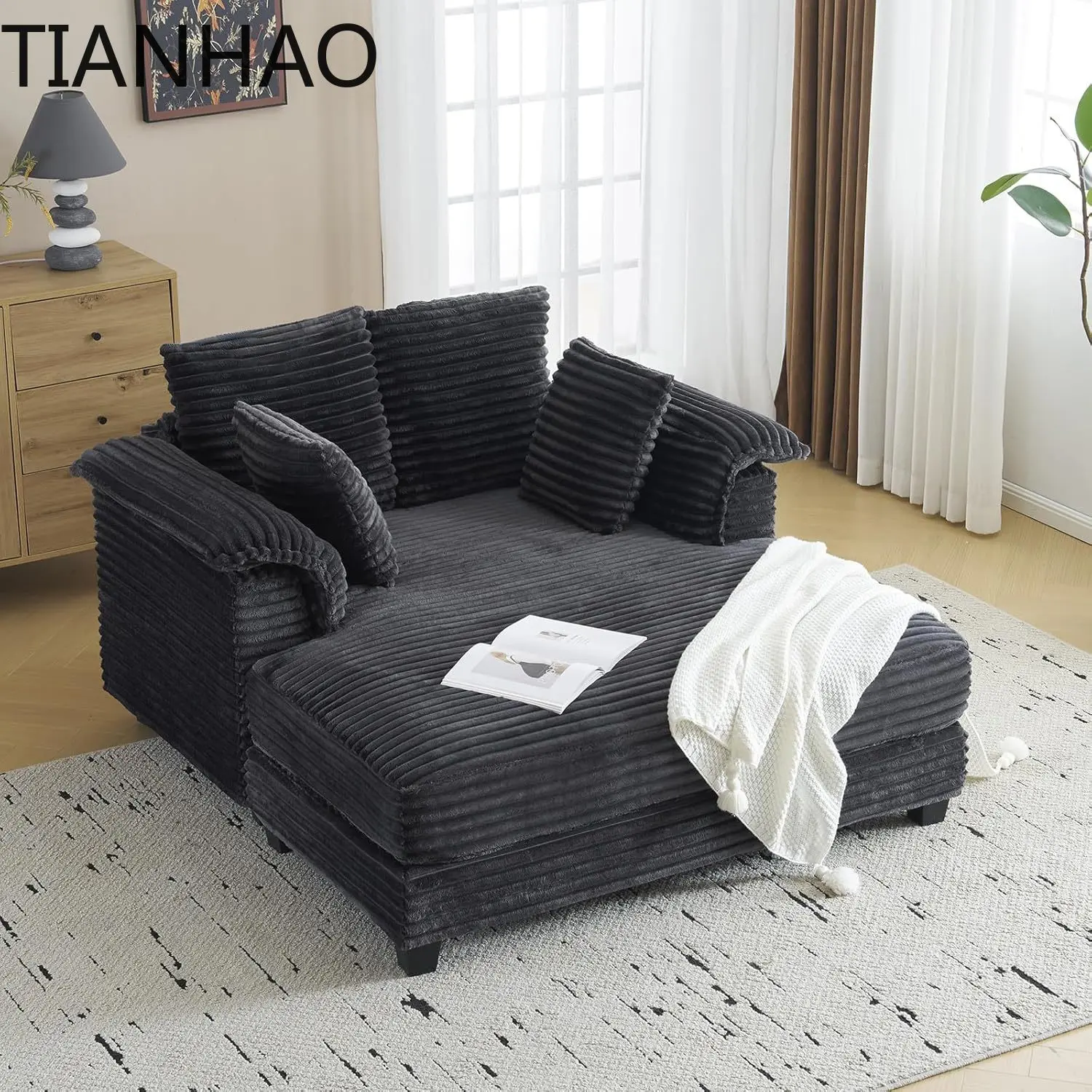 Oversized Corduroy Chaise Lounge Recliner Sleeper Bed with Pillows Armrests for Living Room 56 inch for Sofa Bed for Small