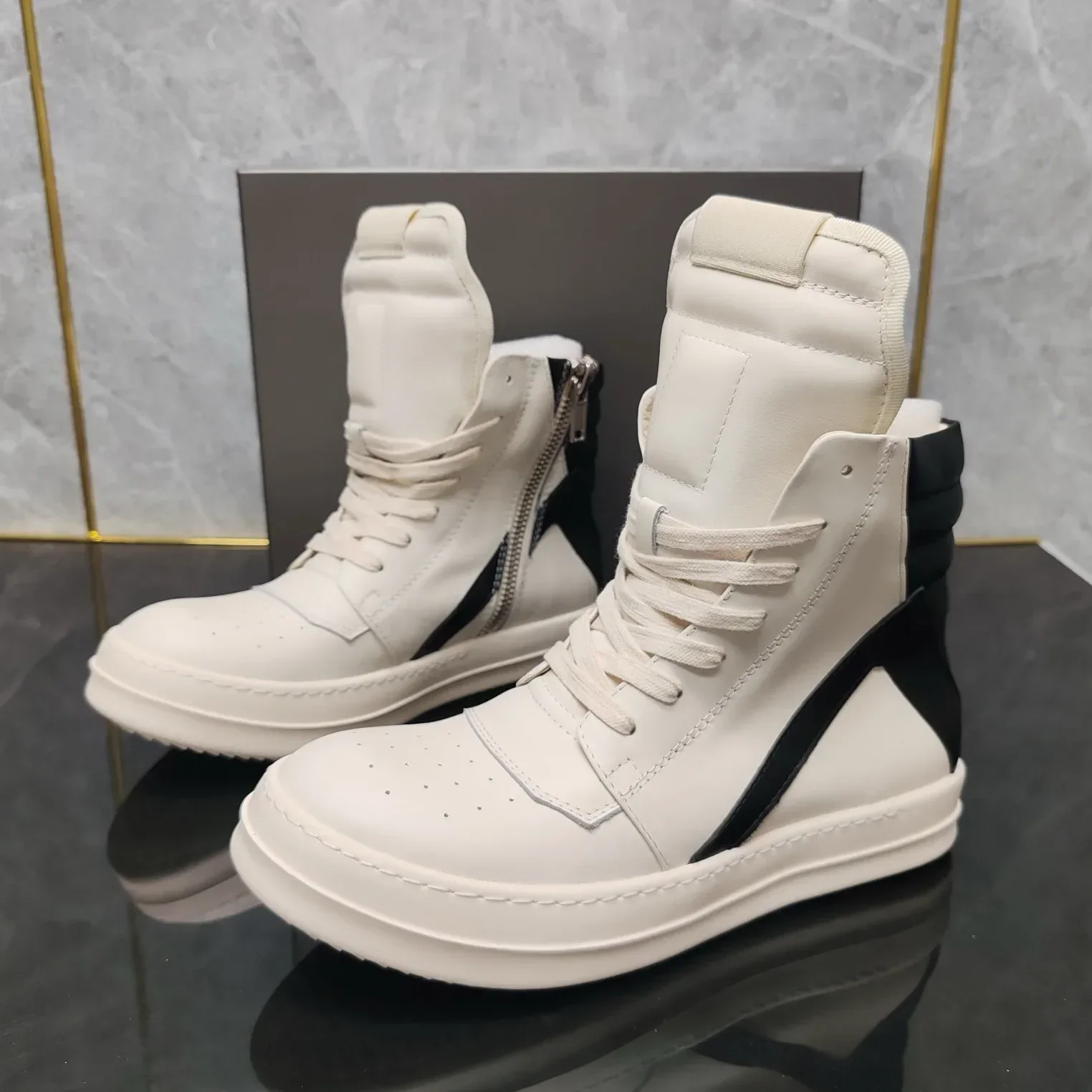 

Top Quality Brand Men Shoe Casual High Women Sneaker Black Ankle Boot Geobasket Leather Owen Fashion Thick-sole Flat Zip Shoe