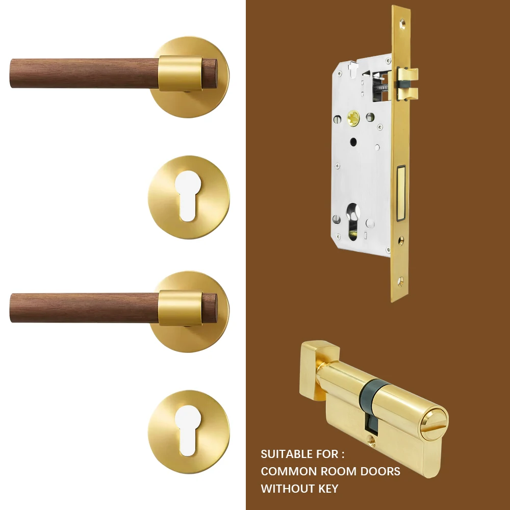 Deurkamer Messing Walnoot Deurslot Set Modern Interieur Slaapkamer Badkamer Dubbele Houten Deurhendel Set Dummy Handvat Knop