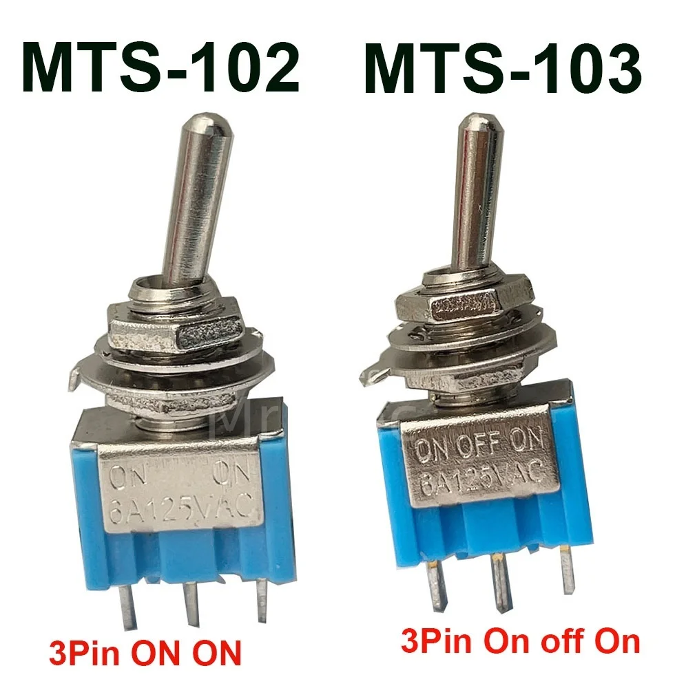 MTS-102 103 ON-OFF-ON /ON-ON   Miniature Lever Toggle Switch Single Pole Double Throw 120VAC 6A 1/4 Inch Mounting