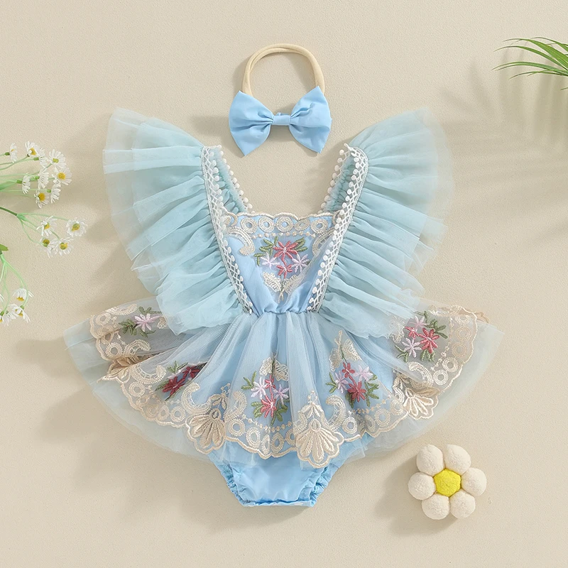 Newborn Baby Girl Rompers Fly Sleeve Embroidery Flower Tulle Patchwork Romper Dress with Bow Hairband Summer Clothes