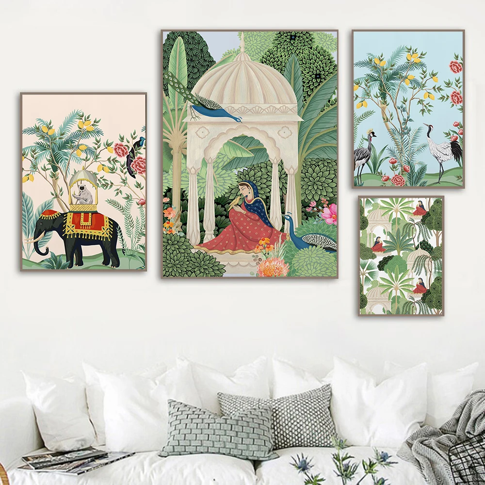 

Princess Palace Indian Plant Tropical Floral Nature Poster Print Vintage Girl And Elefant Forest Canvas Painting Room Home Decor