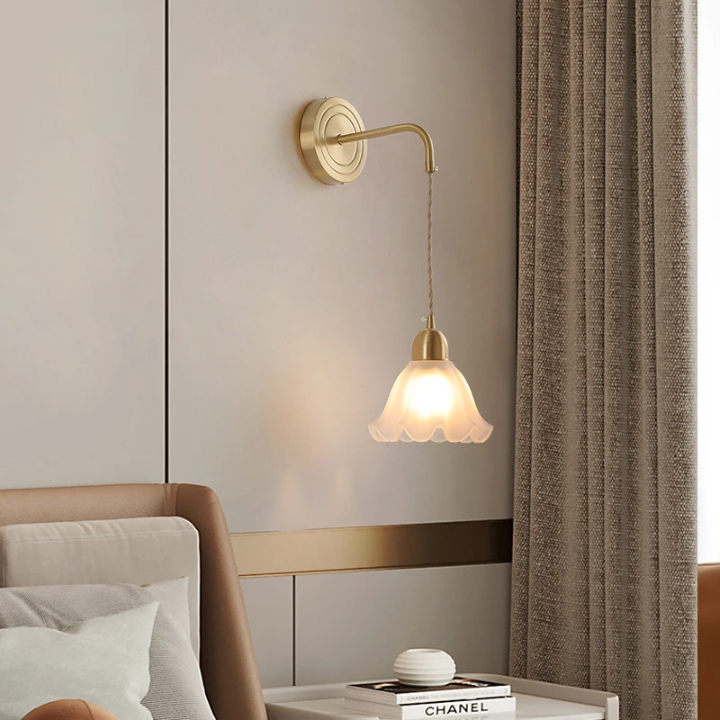 

Bedroom Headboard Wall Lamp Nordic French Residential Living Room Study Light Simple Modern Glass All Copper Wall Cable Light