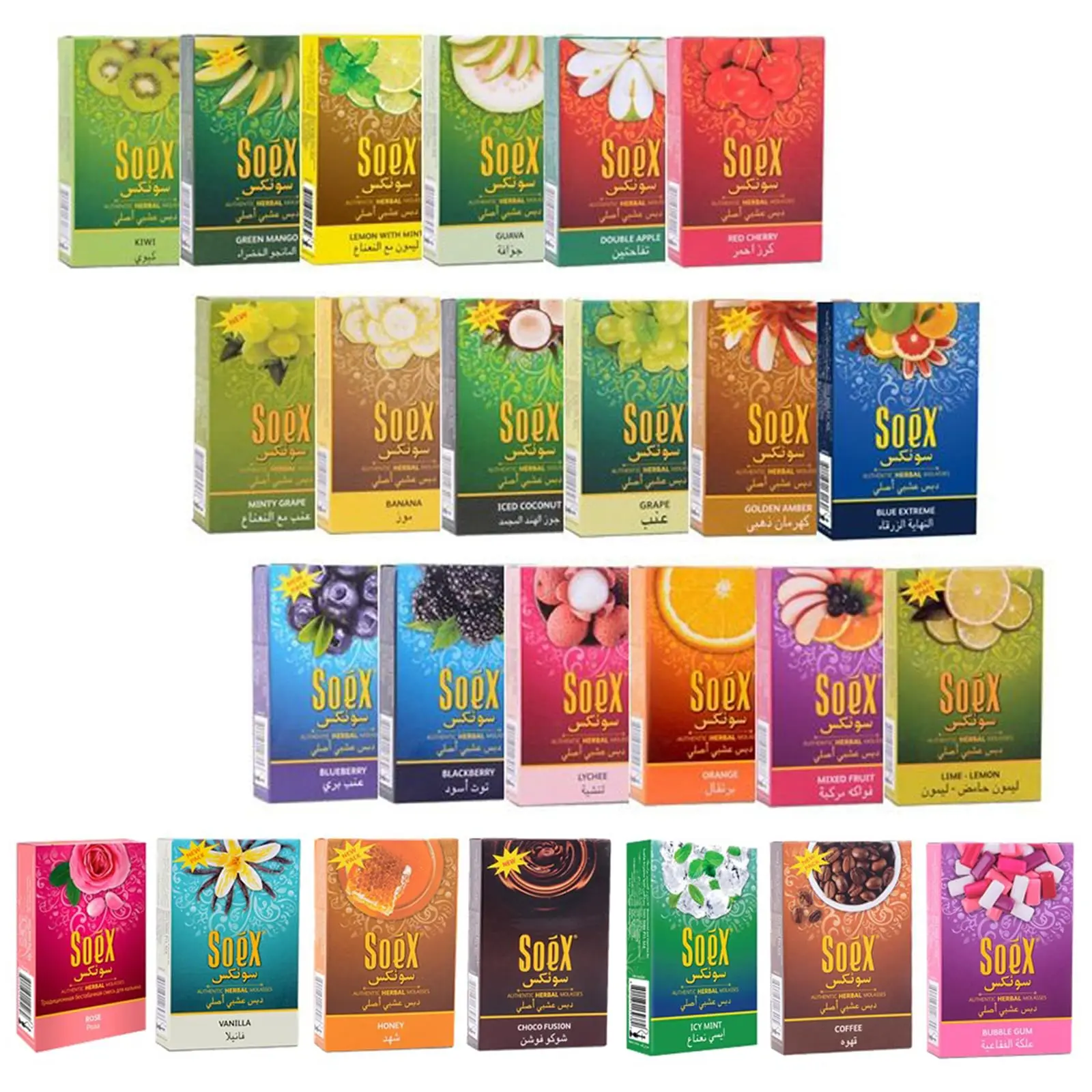 10 Piezas Aleatorias de Sabores Diferentes, 500g de Tabaco de Shisha Herbal Soex, Sabores de Melaza, Sin Nicotina, Libre de Nicotina