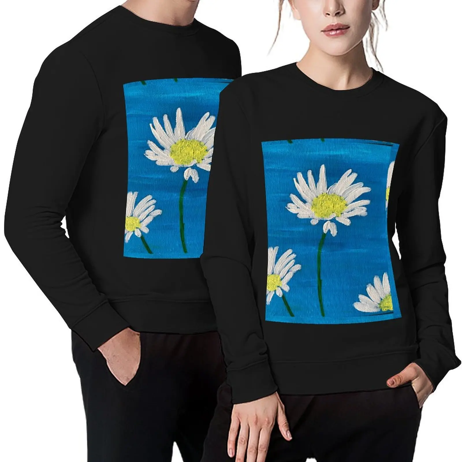 

White daisies on blue Pullover aesthetic clothing tracksuit fashion men men's clothing graphic sweatshirts