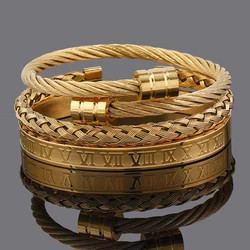 3pcs Luxury Stainless Steel Man Bracelet Set Roman Number Bangles Women Jewelry Couple Gift