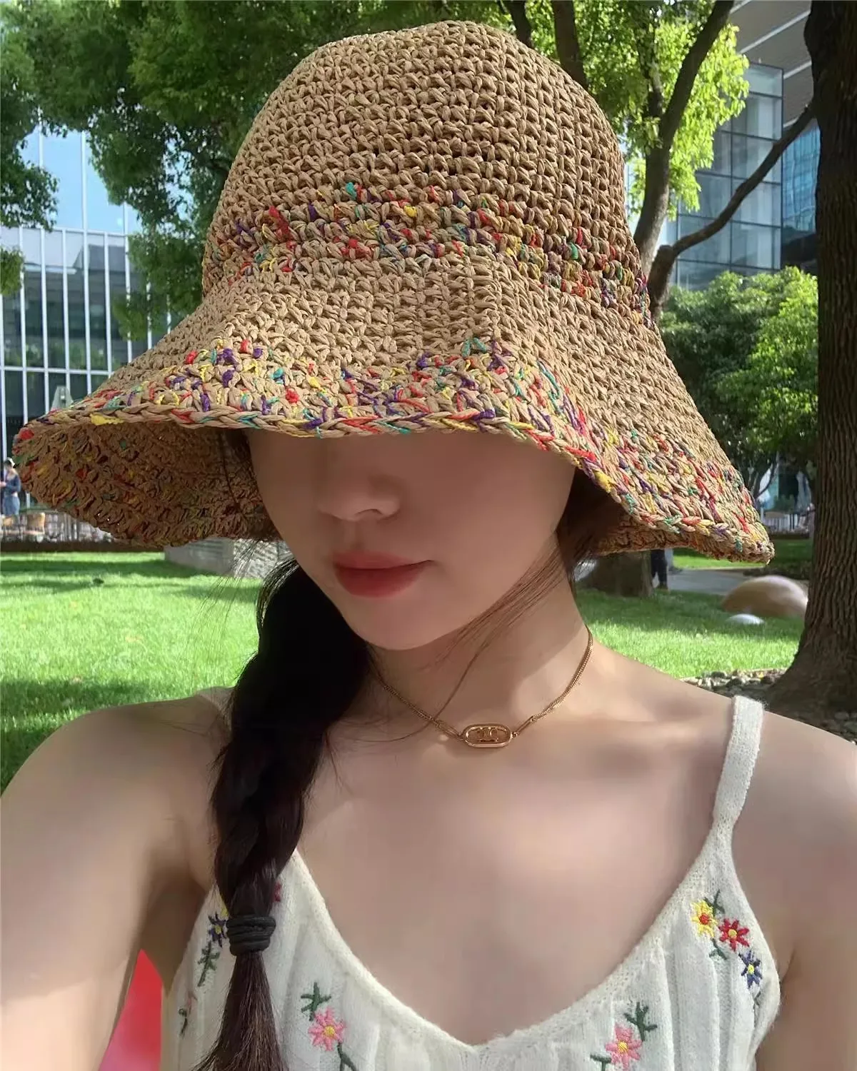 Summer Rainbow Woven for Women\'s Sunscreen Hat Girl Holiday Straw Hat UV Protective Breathable Hollow Seaside Beach Sun Hats