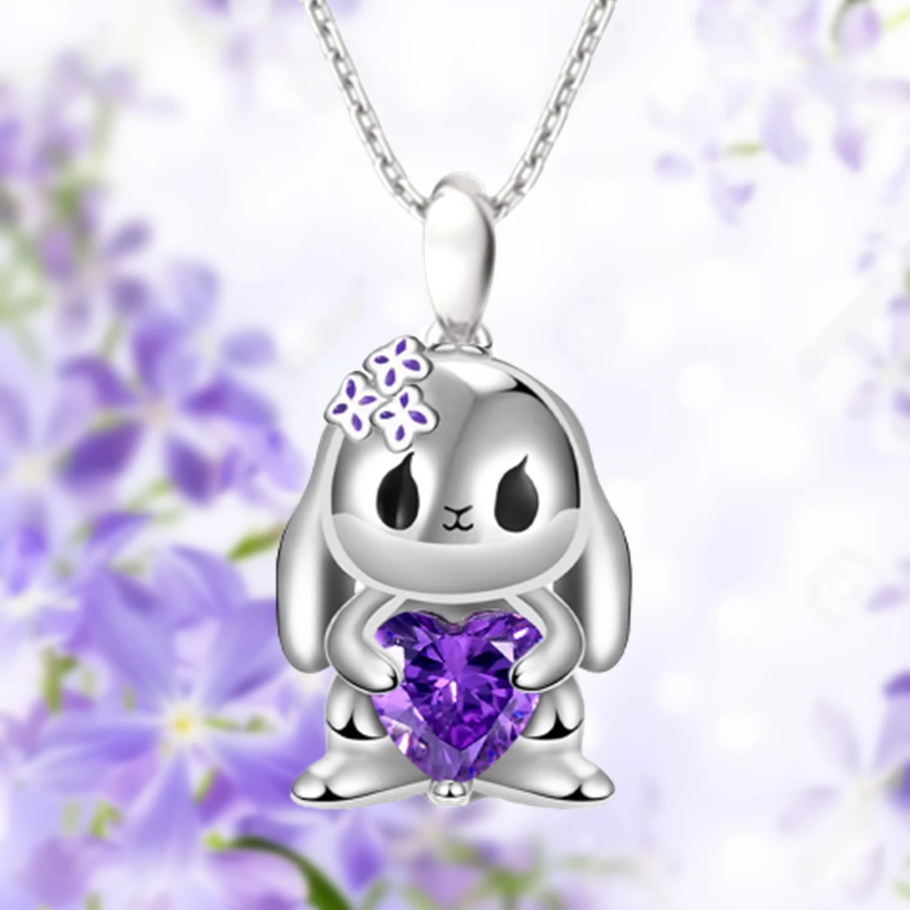 Exquisite Heart-shaped Purple Crystal Bunny Pendant Necklace for Girl Cute Cartoon Rabbit Necklace Jewelry Fashion Birthday Gift