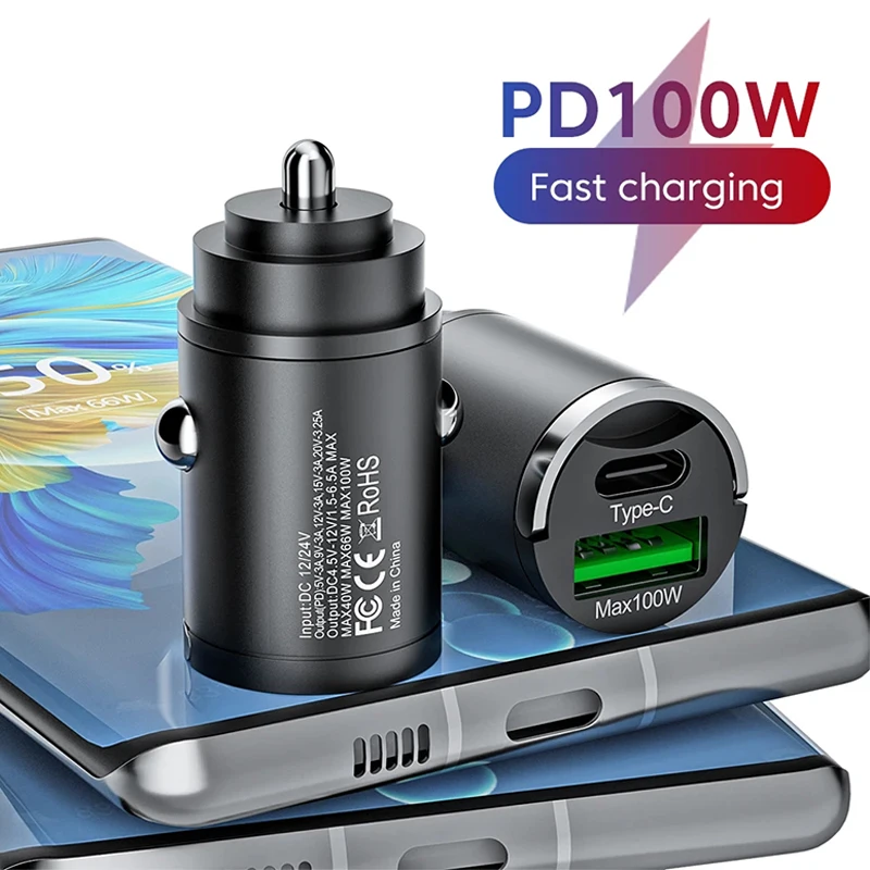 100W PD QC 3.0 Pull Ring Fast Charging Car Charger USB Type C Car Phone Charger Adapter For iPhone 15 14 Xiaomi Samsung Huawei