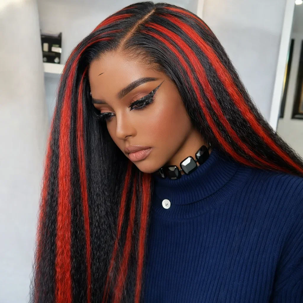 

Kinky Straight Highlight 1B/99J 5x5 Lace Closure Glueless Wig Human Hair Wig Color Red With Black 13x4 Lace Front Wigs For Women