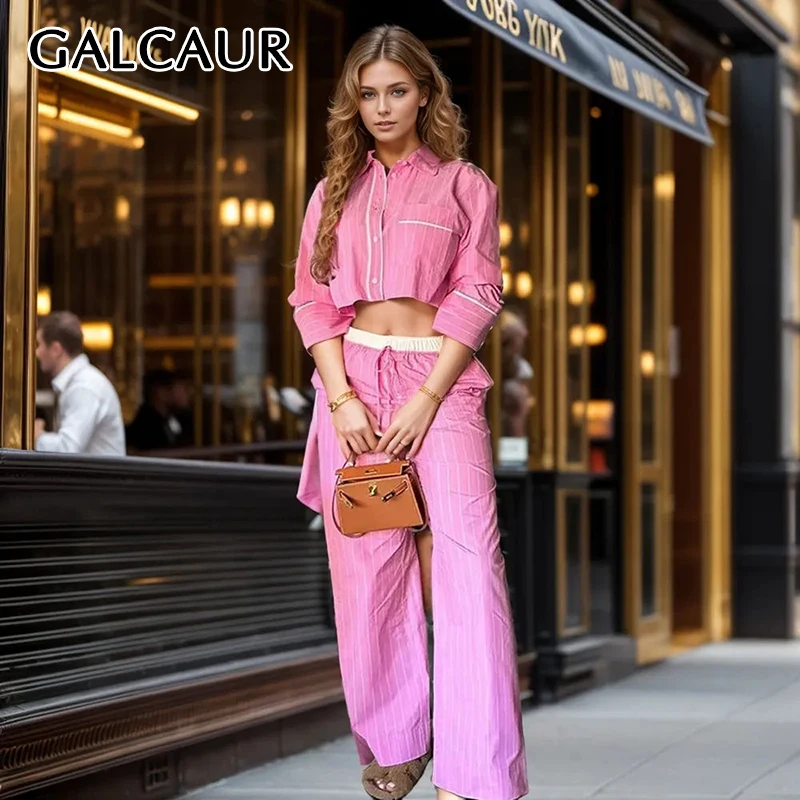 

GALCAUR Striped Patchwork Drawstring Pant Set Women Lapel Long Sleeve Short Shirt High Waist Casual Straight Pants Suit Female