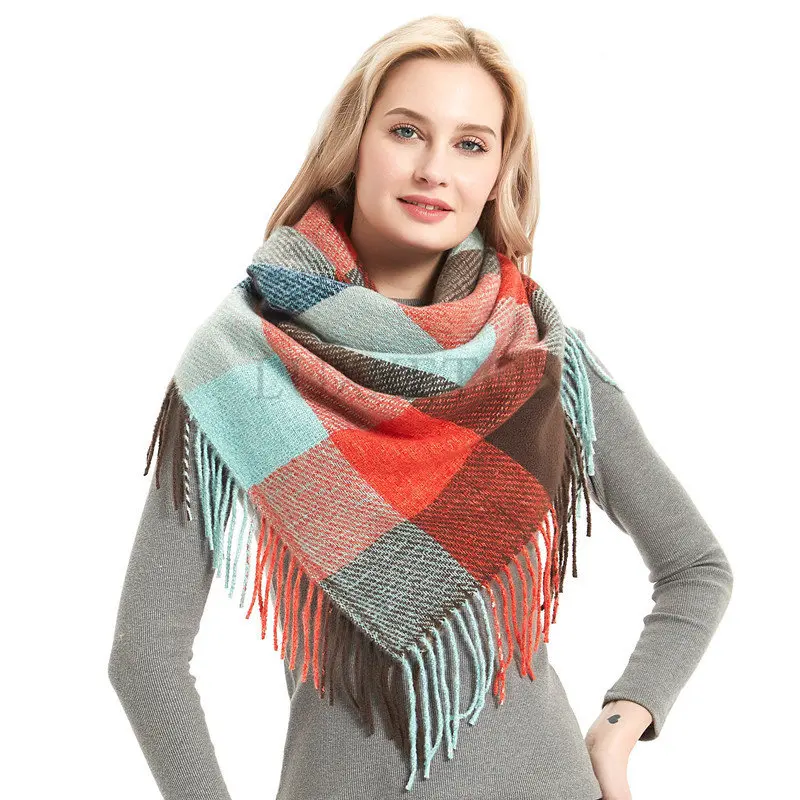 Women Knit Winter Scarf Cashmere Pashmina Female Plaid Warm Tassels Scarves Blanket Shawls Bandana Wraps Bufanda