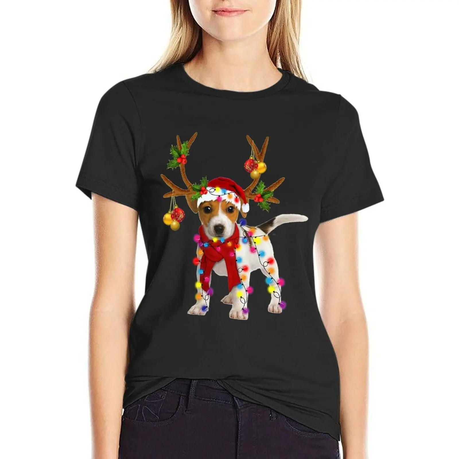 

Jack russell Dog Gorgeous Reindeer Christmas Lights Tree Dog Scarf Xmas Santa Claus T-Shirt oversized graphics Woman T-shirts