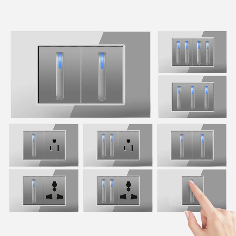 

ELEGAN Model 118 Reset Piano Key Grey Tempered Glass USA Mexico Universal Socket Wall Light Button Switch Socket LED Indicator