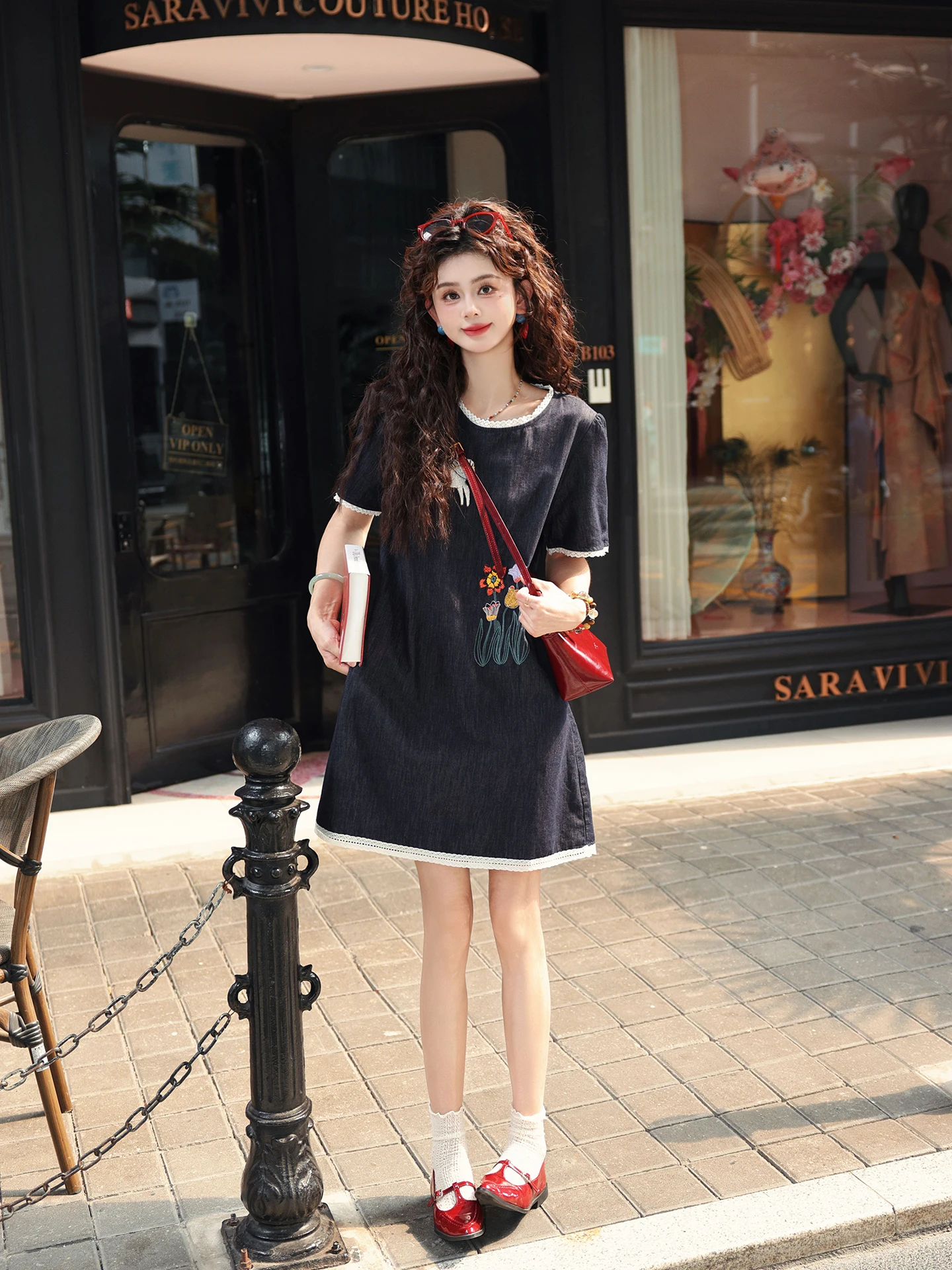 

Chend's Embroidered Denim Dr Summer New Sle round Ne Loose Waist ort Sve A-Line Skirt Vintage Commute Women's Dr