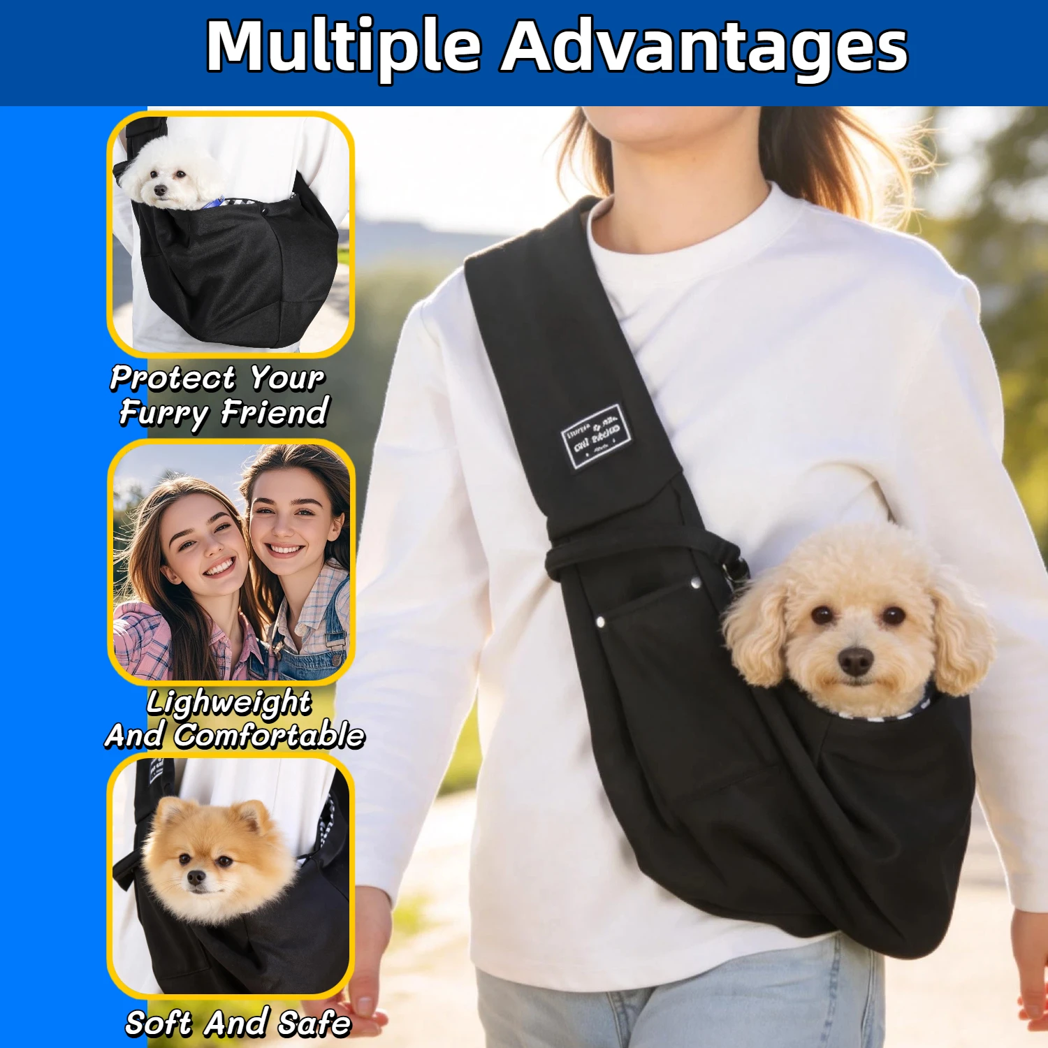Bolso bandolera ajustable para mascotas, bandolera transpirable y suave para perros y gatos, transportador portátil de mascotas con manos libres para perros pequeños y cachorros