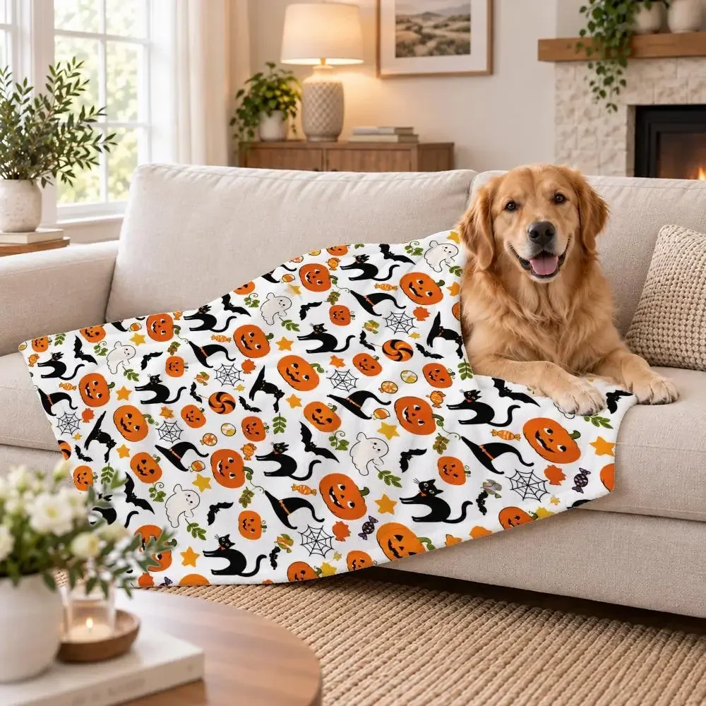 Halloween Pumpkin Cartoon Scatter Pattern Throw Soft Plush Flannel Pet Blanket, Home Decor Cover for Sofa, Bed, Trip & Picnic